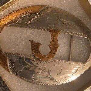 Vintage Metal Belt Buckle, Brass and Nickel Silver, Initial J, Letter J, Cowboy